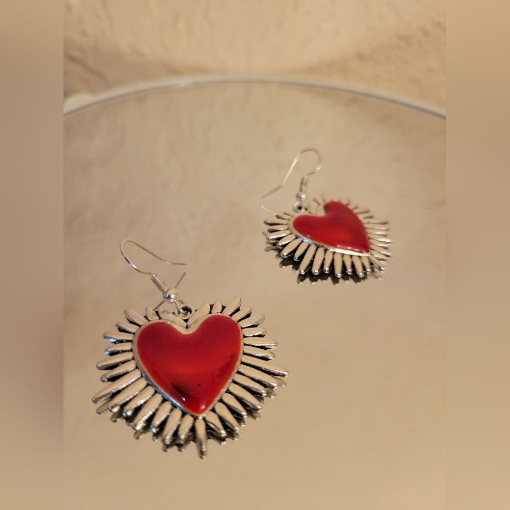 Silver and Red Heart Earrings